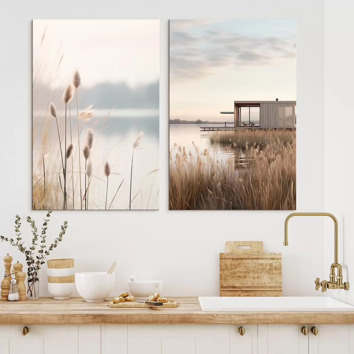 Wandbilder Weiche Schilfpflanzen an einem ruhigen See und eine moderne Hütte am Ufer m00970