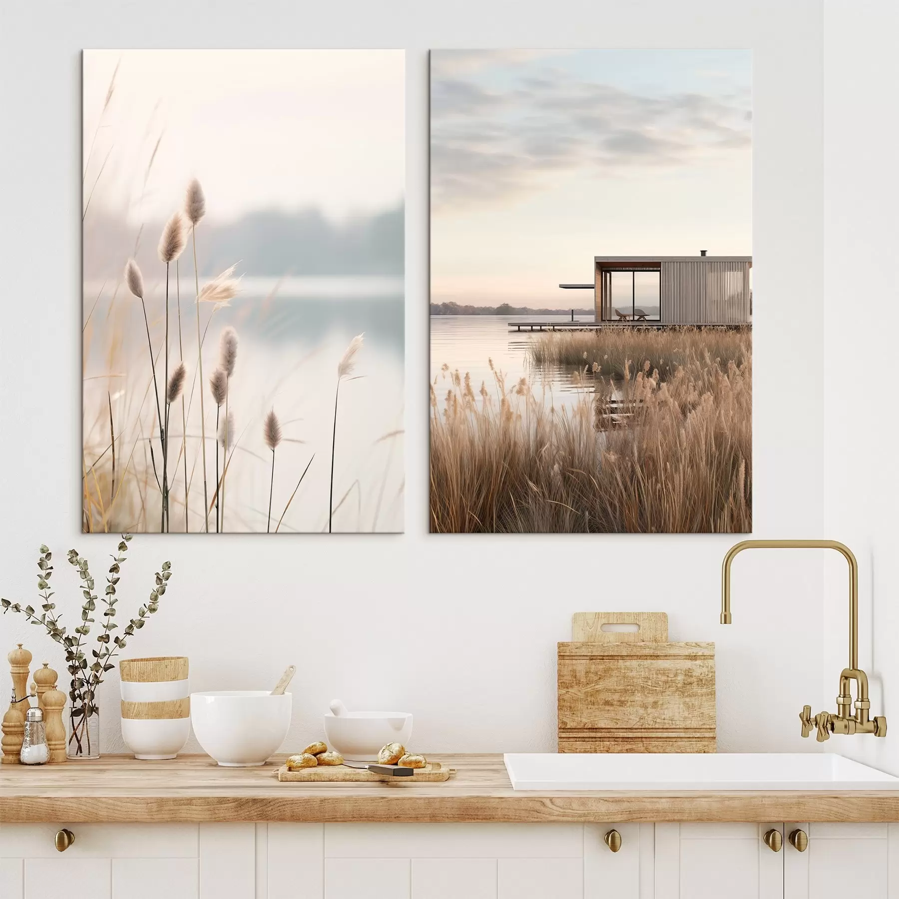Wandbilder Weiche Schilfpflanzen an einem ruhigen See und eine moderne Hütte am Ufer m00970