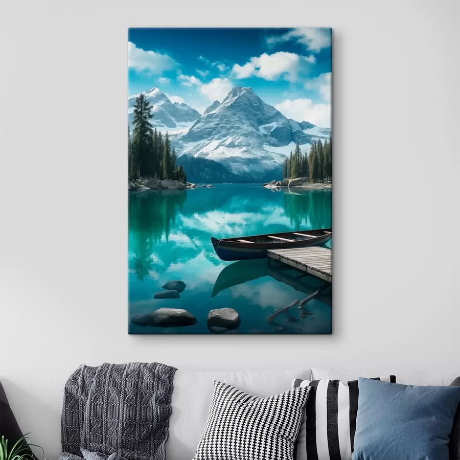 Wandbilder Alpensee mit Kanu und schneebedeckten Gipfeln s46481