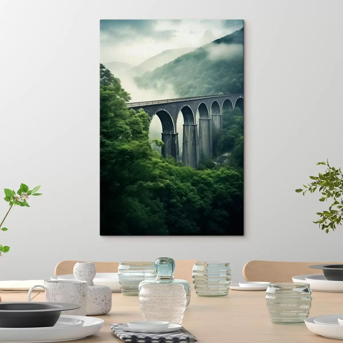 Wandbilder Steinviadukt über nebligem Waldtal s46483