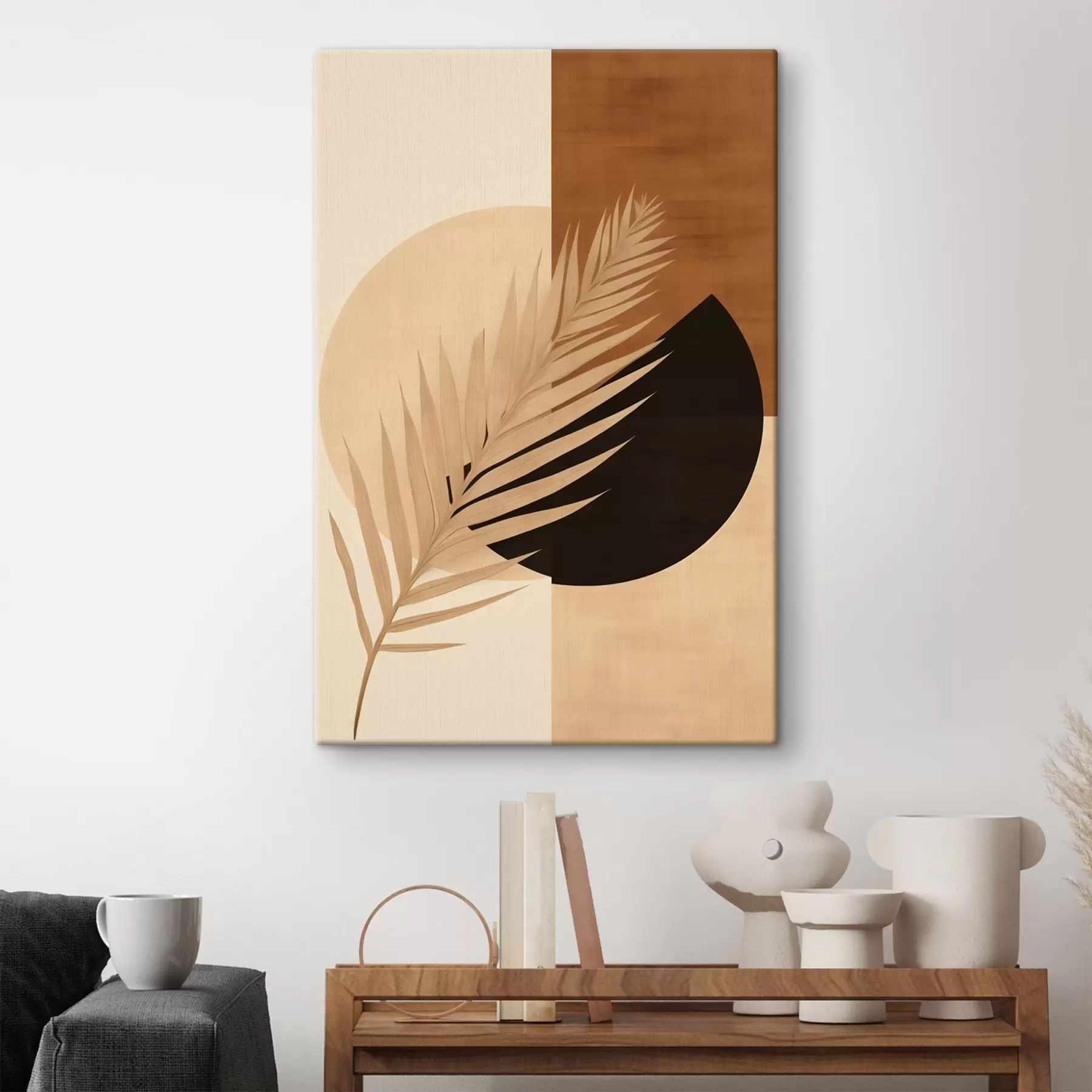 Wandbilder Palmwedel über Terrakotta und cremefarbener Geometrie s46490