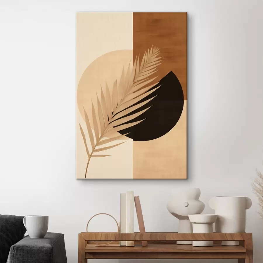 Wandbilder Palmwedel über Terrakotta und cremefarbener Geometrie s46490