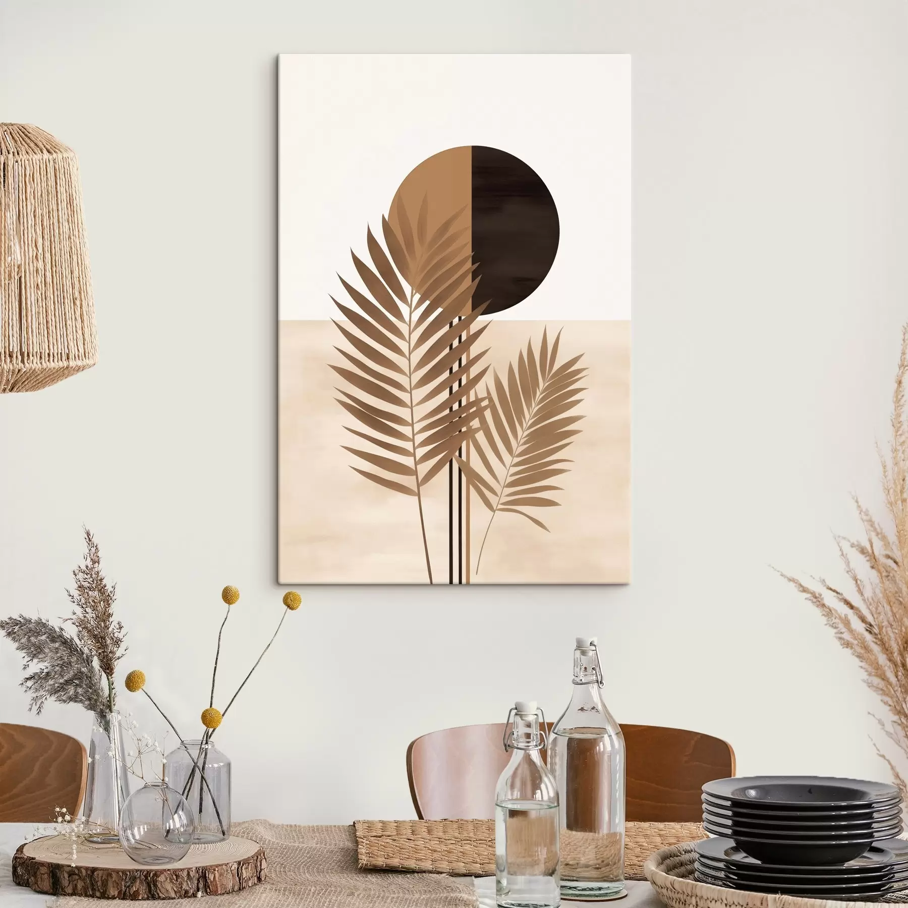 Wandbilder Zwei Palmwedel mit geteiltem Sonnenmotiv s46491