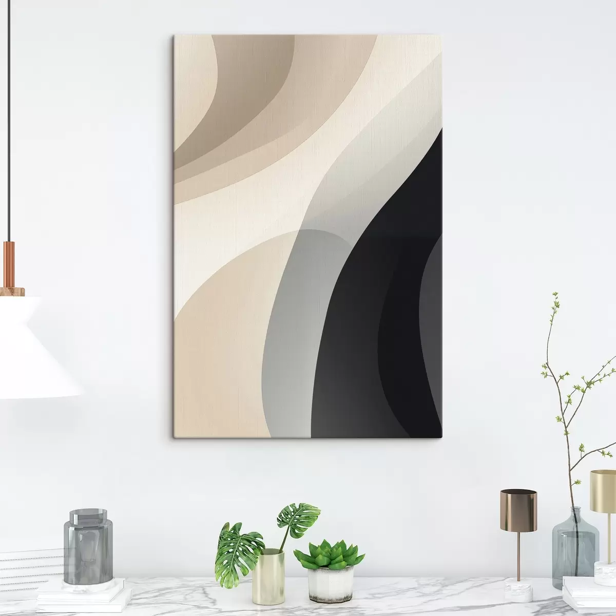 Wandbilder Organische Wellenformen in warmem Beige und Anthrazit s46494
