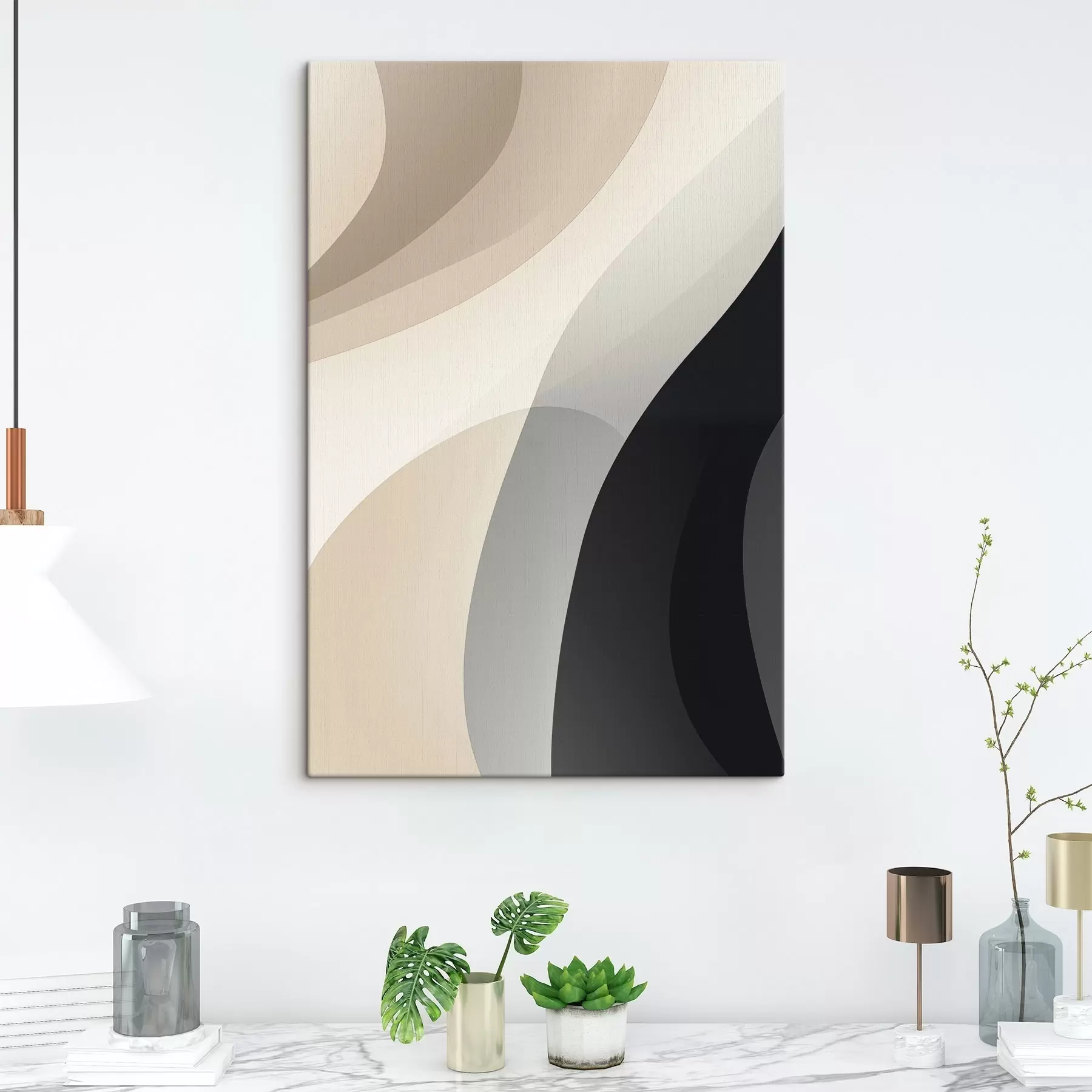 Wandbilder Organische Wellenformen in warmem Beige und Anthrazit s46494