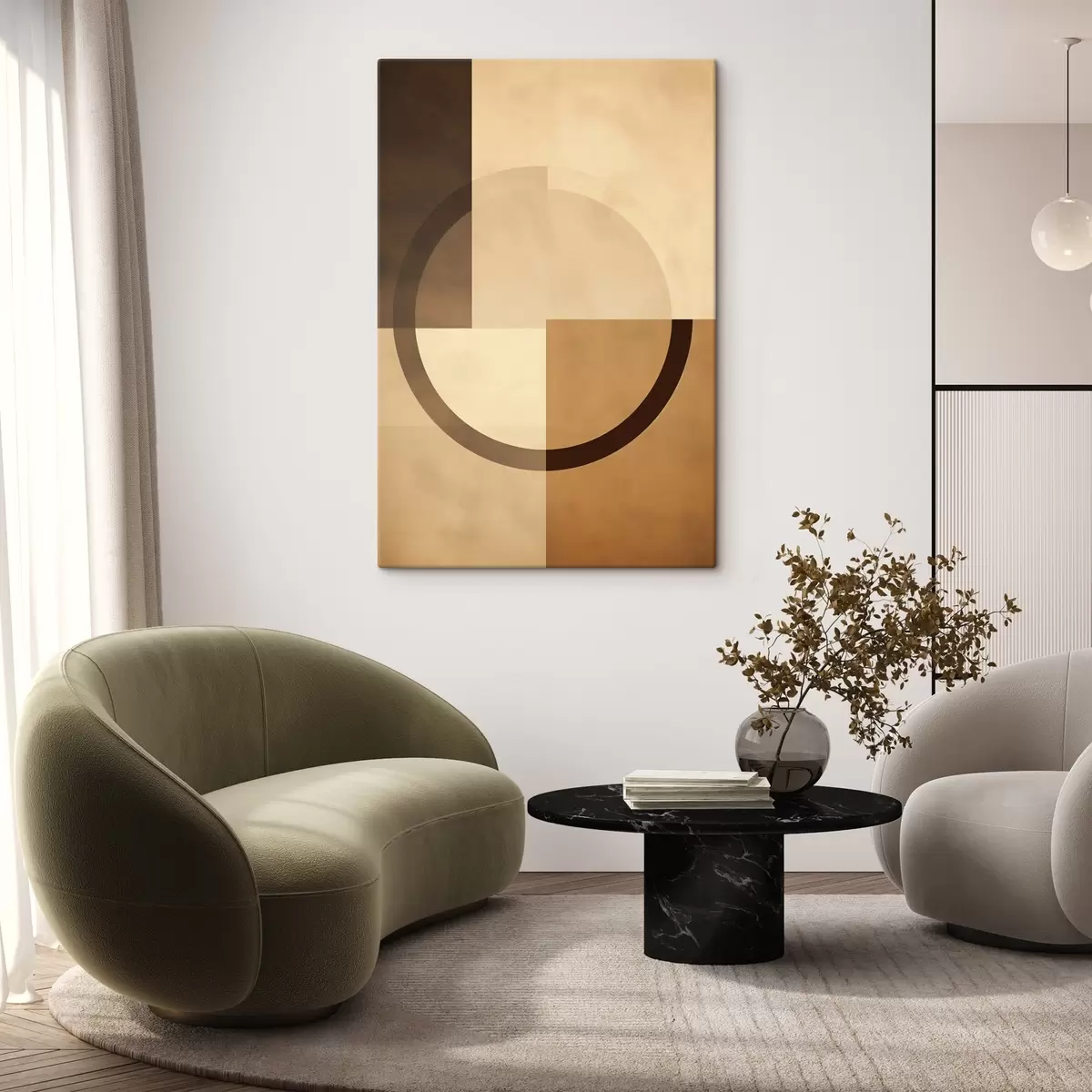 Wandbilder Gedeckte Quadrate mit durchscheinendem Ring, warme Erdfarben s46498