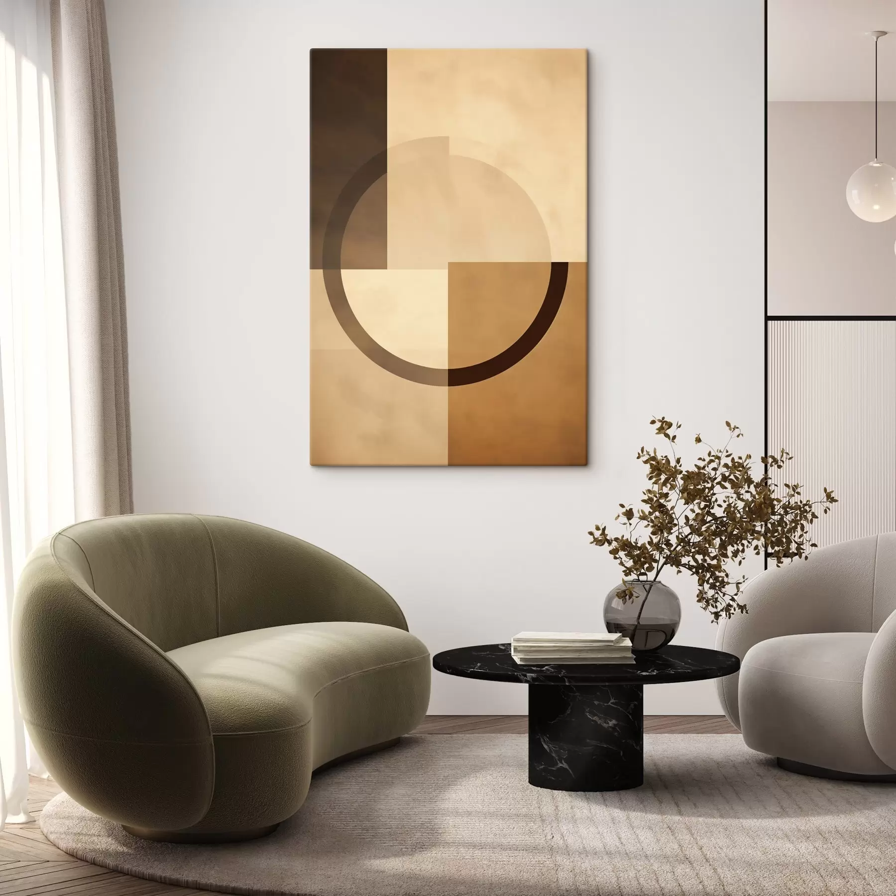 Wandbilder Gedeckte Quadrate mit durchscheinendem Ring, warme Erdfarben s46498