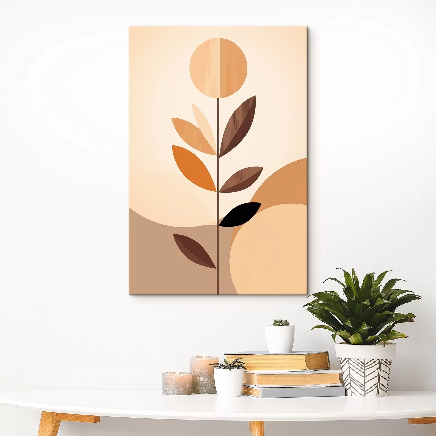 Wandbilder Stilisierte Blume mit geometrischen Blättern in warmen Farbtönen s46500