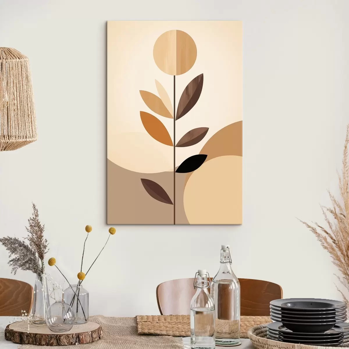 Wandbilder Stilisierte Blume mit geometrischen Blättern in warmen Farbtönen s46500