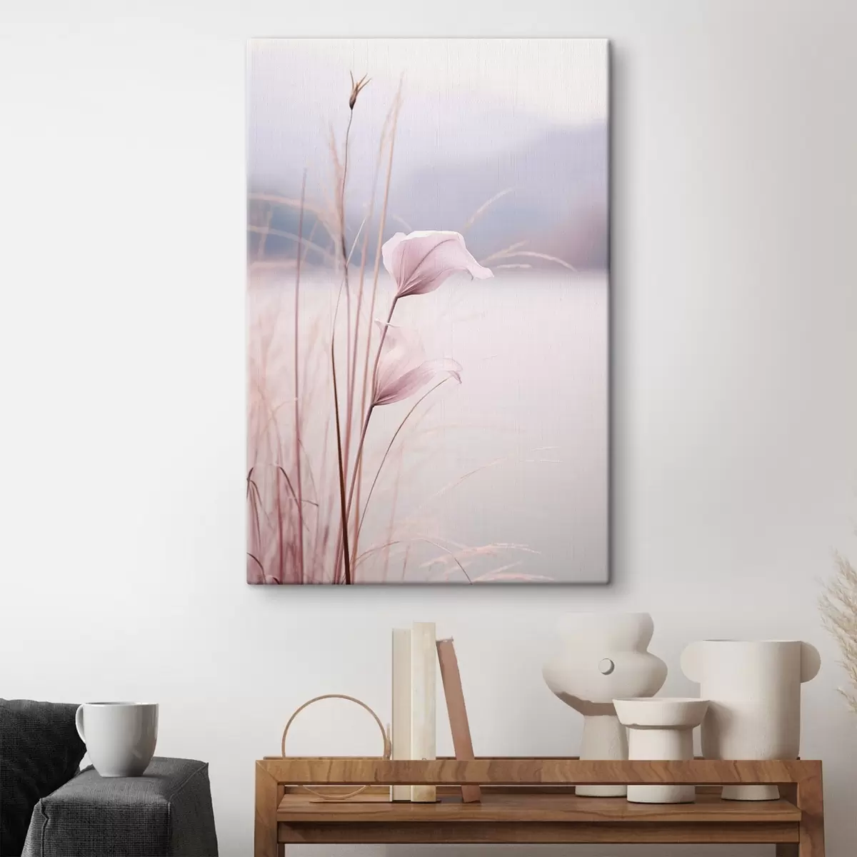 Wandbilder Zarte rosa Blüten am ruhigen Seeufer s46503