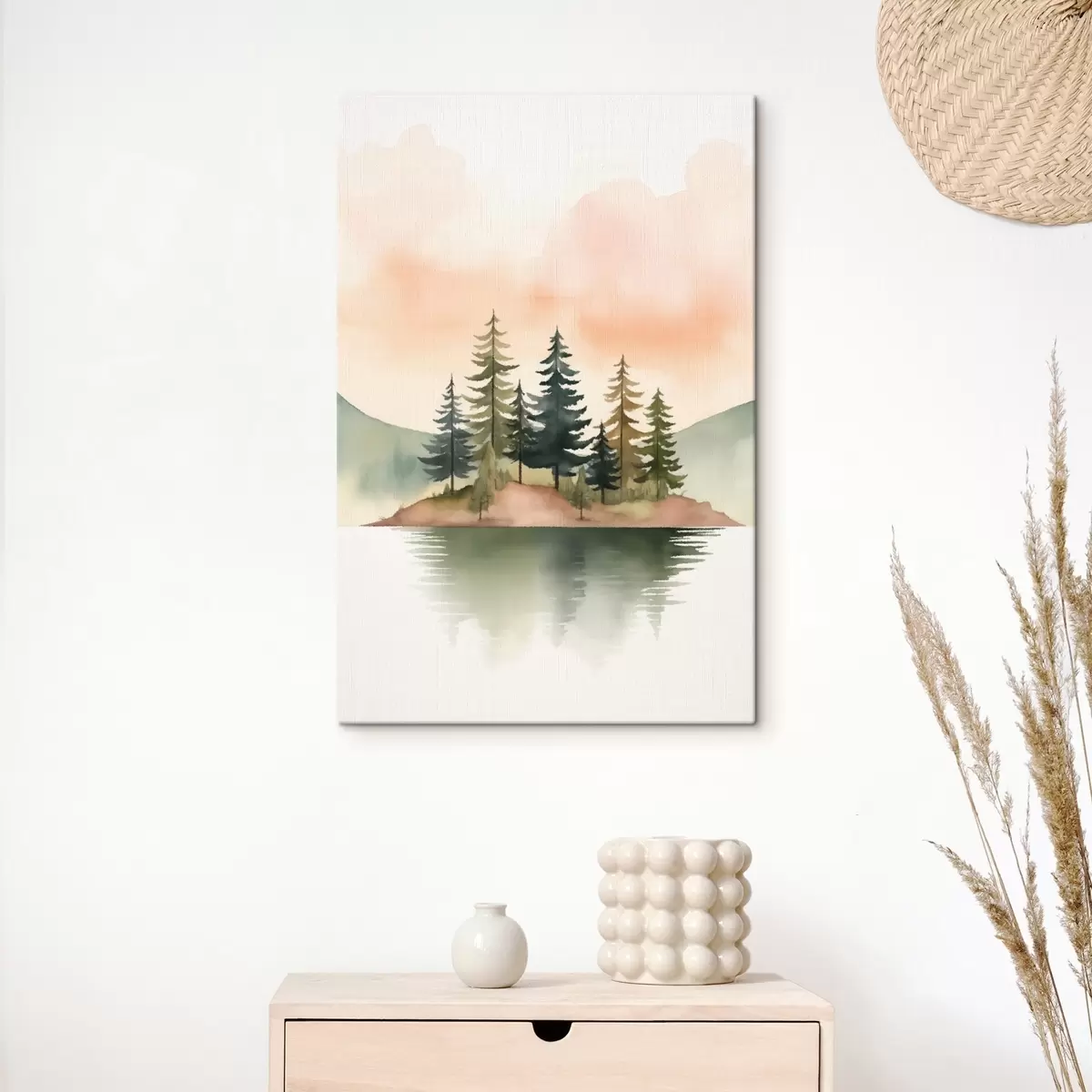 Wandbilder Aquarellkiefern auf einer nebligen Insel, sanfter pfirsichfarbener Himmel s46505