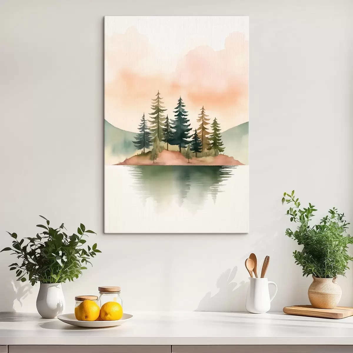 Wandbilder Aquarellkiefern auf einer nebligen Insel, sanfter pfirsichfarbener Himmel s46505