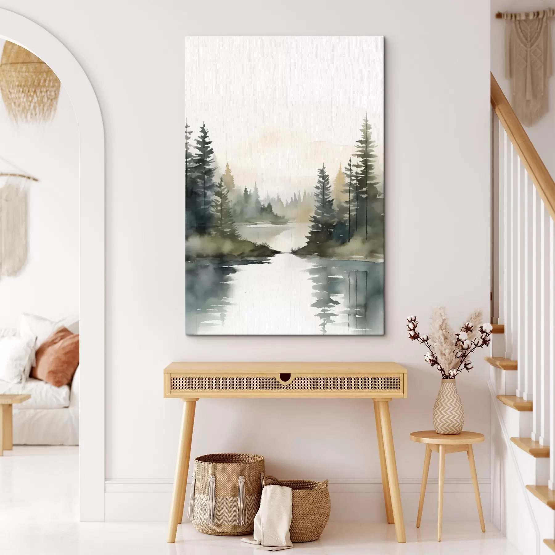 Wandbilder Nebelverhangener Nadelwald über einem ruhigen Fluss, Aquarellstil s46507