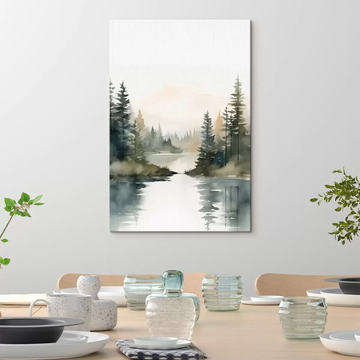 Wandbilder Nebelverhangener Nadelwald über einem ruhigen Fluss, Aquarellstil s46507