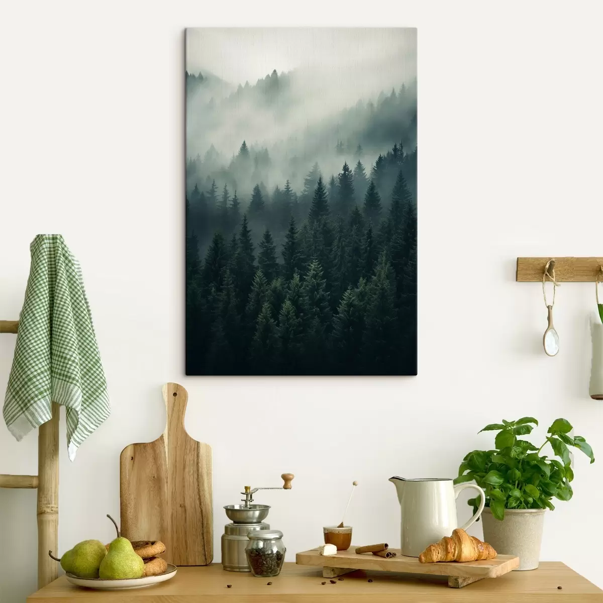 Wandbilder Nebel zieht über dichten immergrünen Wald hinweg s46512