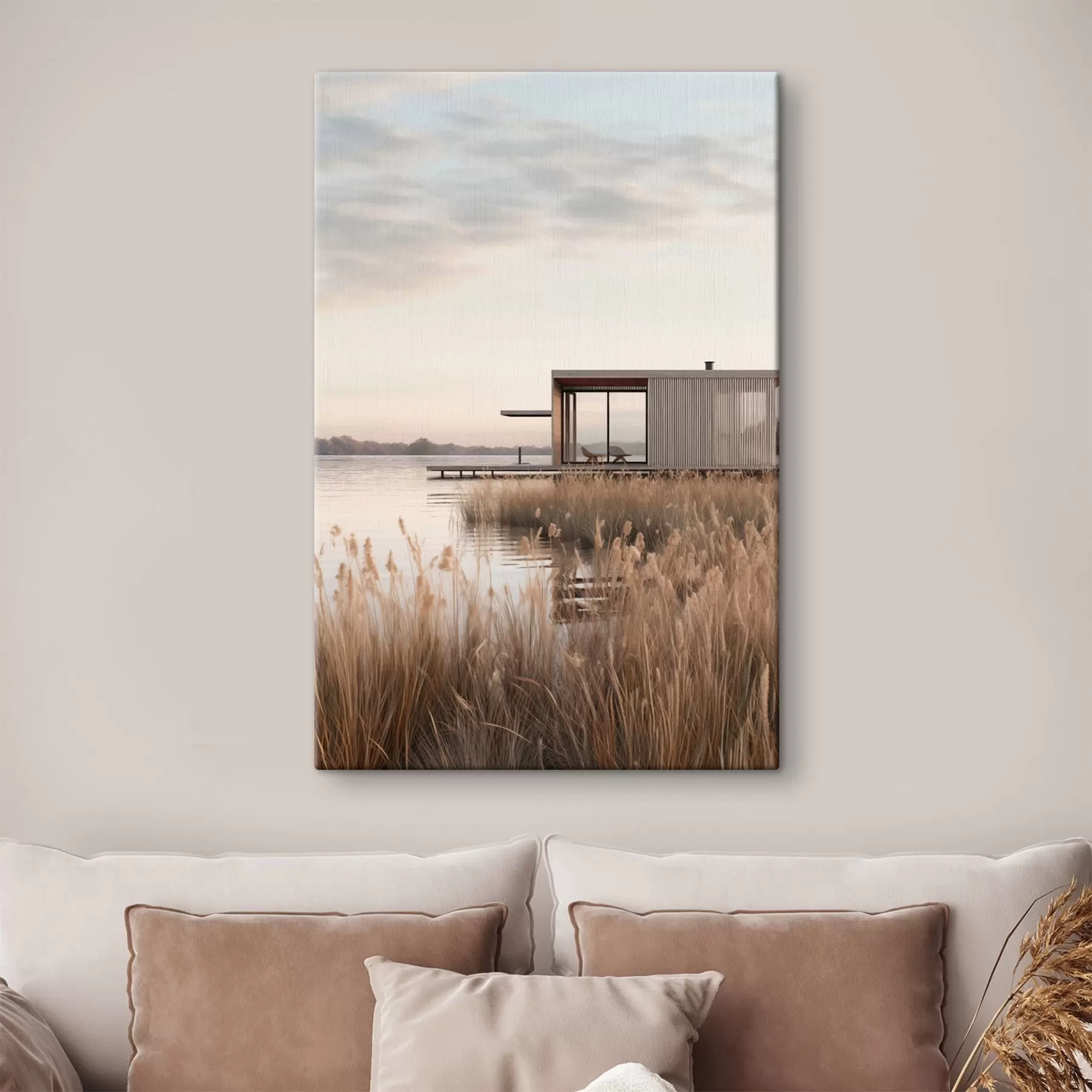Wandbilder Moderne Hütte am Seeufer inmitten von Schilf in der sanften Abenddämmerung s46513