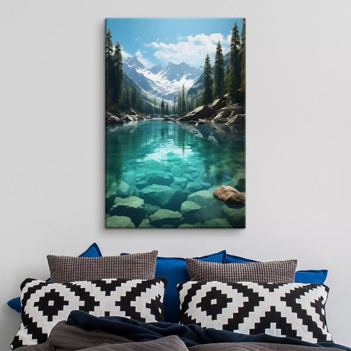 Wandbilder Klarer Gebirgsfluss mit felsigem Bett und schneebedeckten Gipfeln s46514