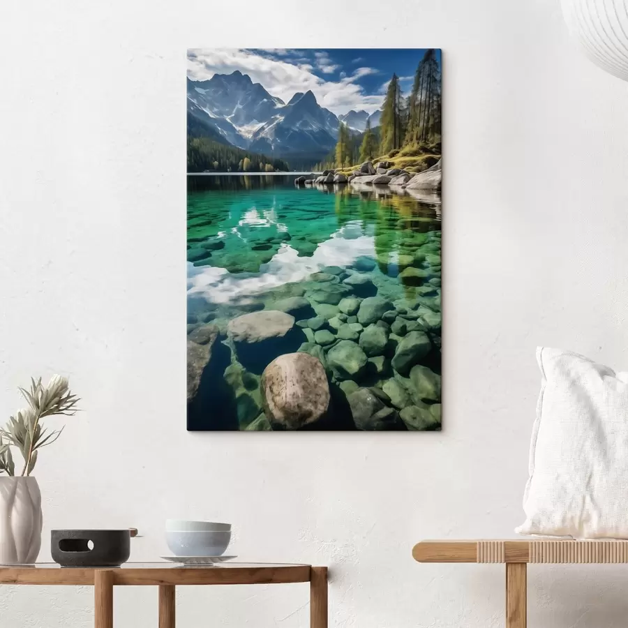 Wandbilder Smaragdgrüner Alpensee mit Felsen darunter und hoch aufragenden Gipfeln s46515