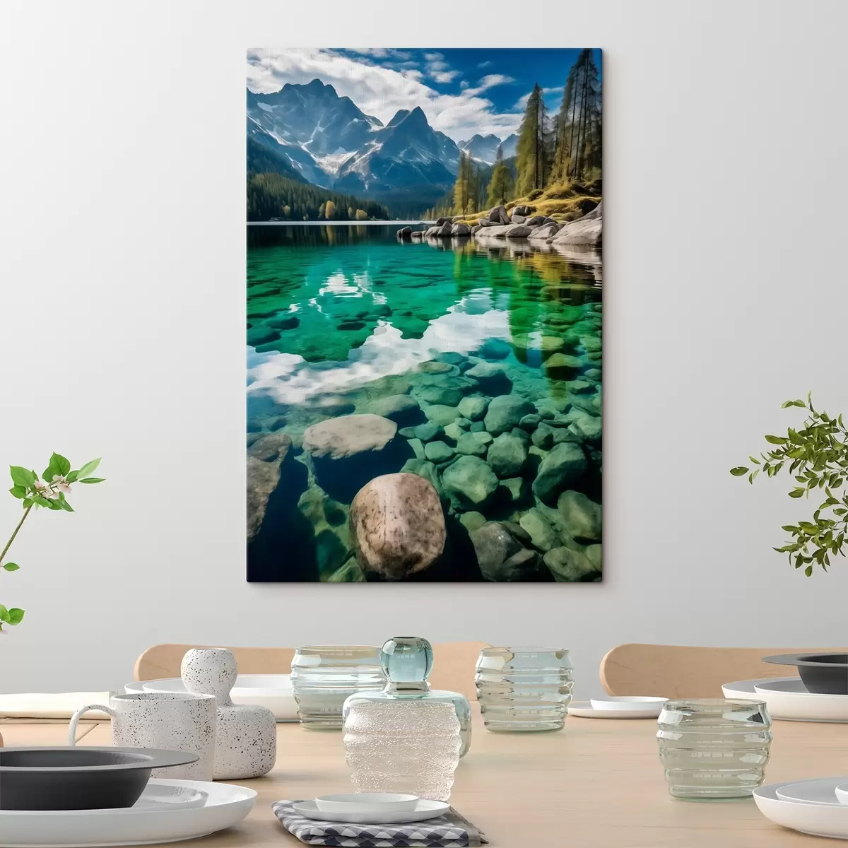 Wandbilder Smaragdgrüner Alpensee mit Felsen darunter und hoch aufragenden Gipfeln s46515