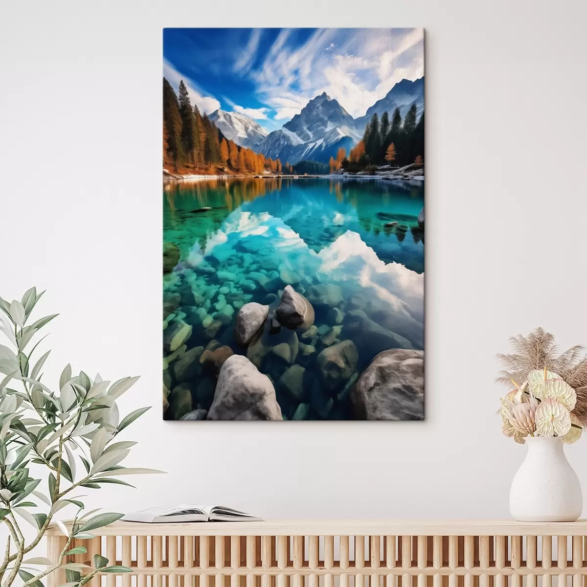 Wandbilder Bergsee mit türkisfarbenem Wasser und herbstlichen Lärchen s46517