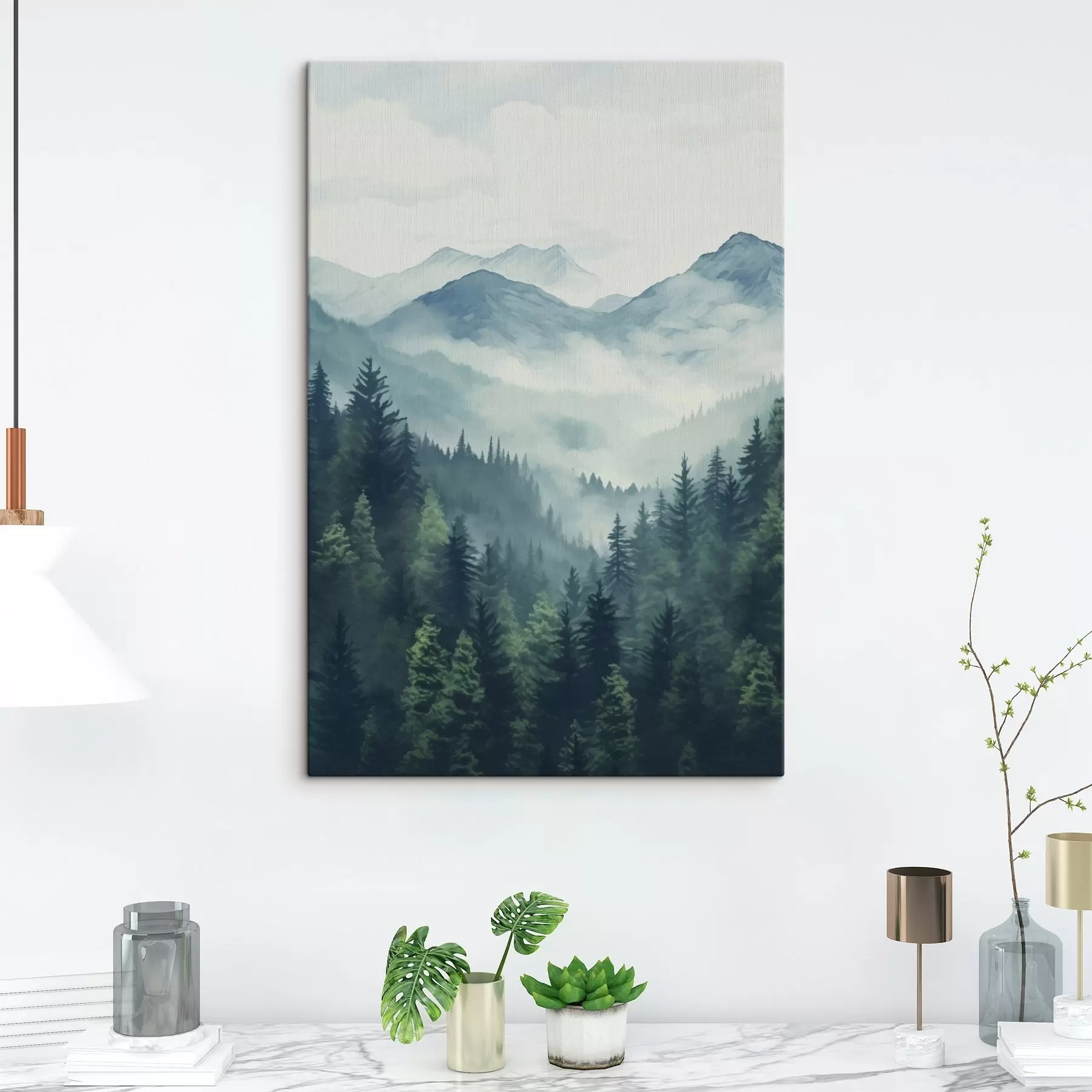Wandbilder Aquarellberge und Wald im sanften Morgennebel s46519