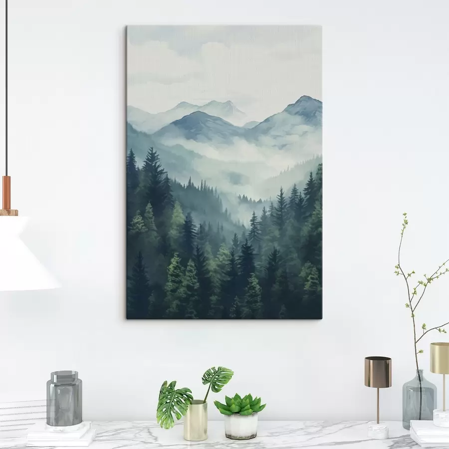 Wandbilder Aquarellberge und Wald im sanften Morgennebel s46519