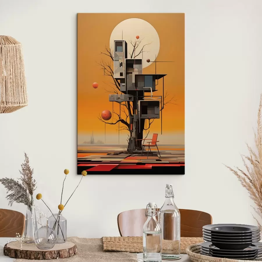 Wandbilder Surreales Baumhaus vor orangefarbenem Hintergrund s46526