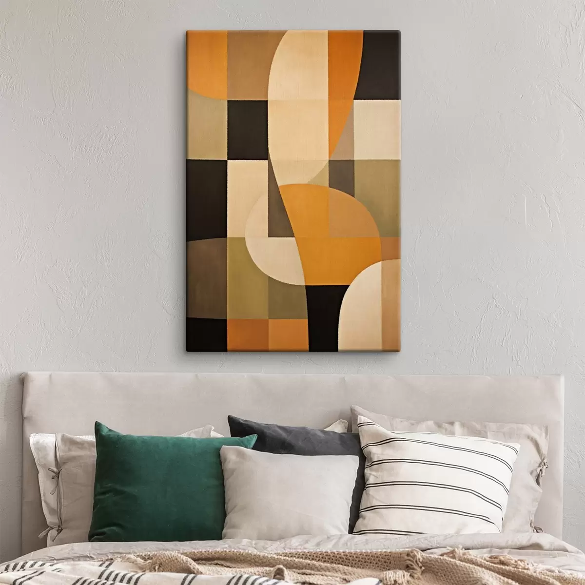 Wandbilder Patchwork aus Rechtecken mit einem sanften orangefarbenen Bogen s46534