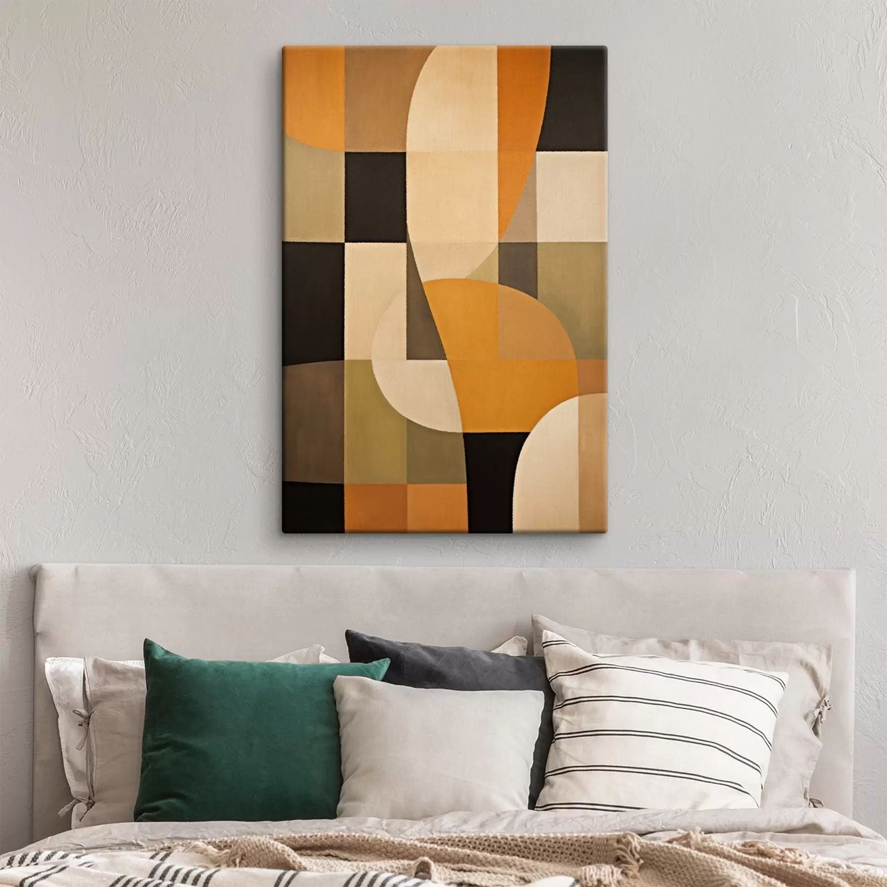 Wandbilder Patchwork aus Rechtecken mit einem sanften orangefarbenen Bogen s46534