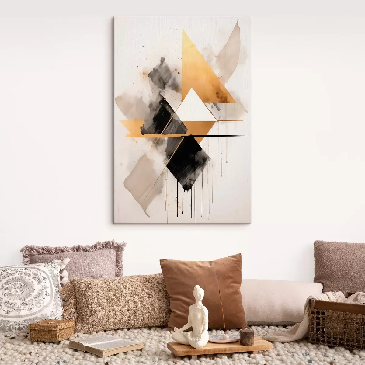 Wandbilder Geometrie mit Dreiecken und einem schwarzen Rhombus, beige Striche s46539