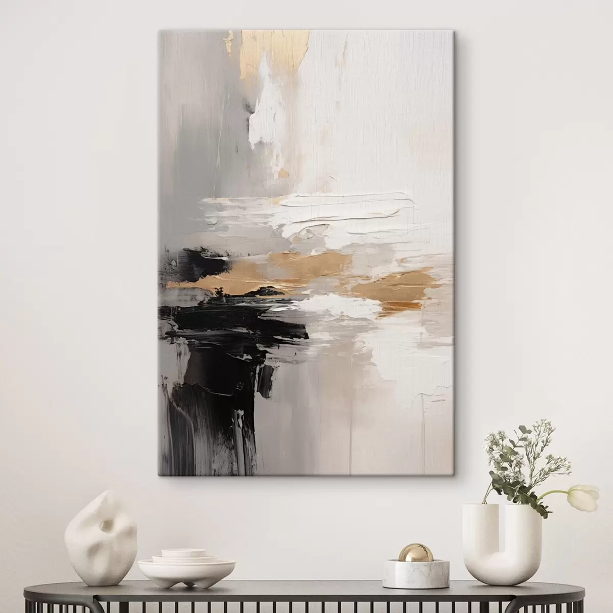 Wandbilder Nudefarbene Striche mit kontrastierender schwarzer und ockerfarbener Schicht s46544