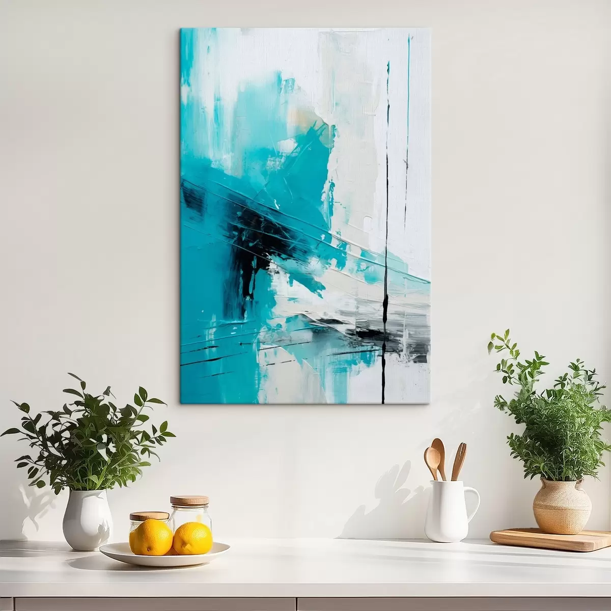 Wandbilder Türkisfarbene Striche auf Weiß mit einem schwarzen Strich s46545