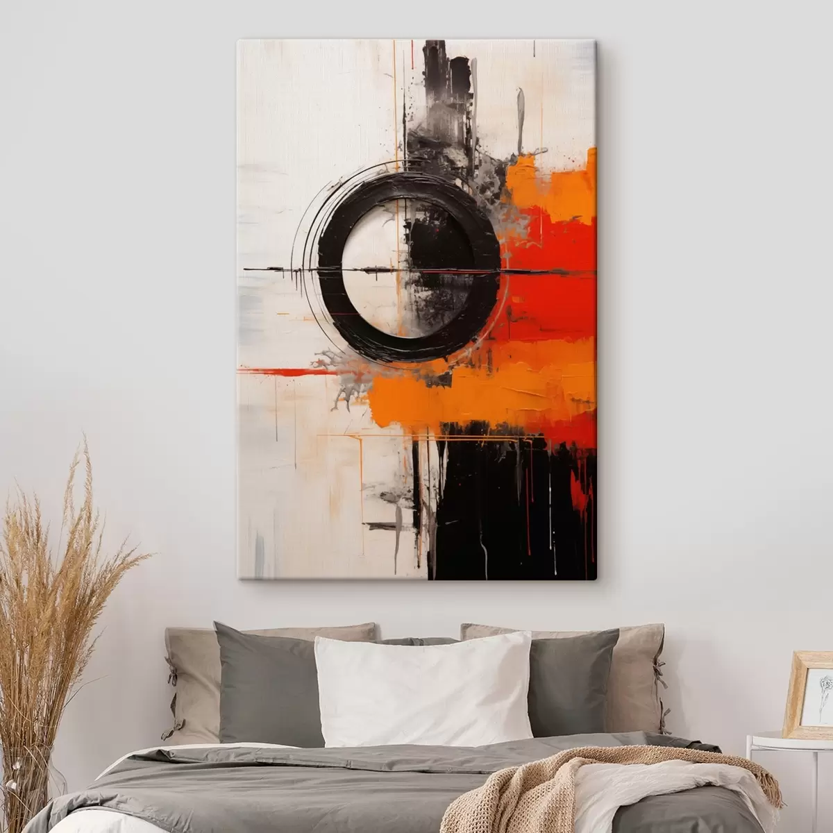 Wandbilder Schwarzer Kreis auf weißem Hintergrund, orangefarbene Striche und Spritzer s46549