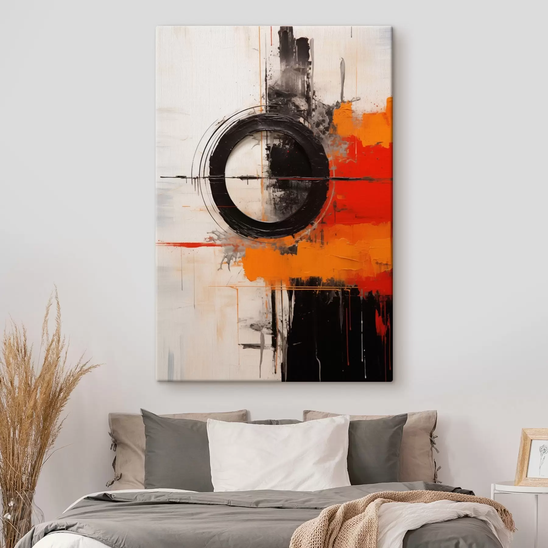 Wandbilder Schwarzer Kreis auf weißem Hintergrund, orangefarbene Striche und Spritzer s46549