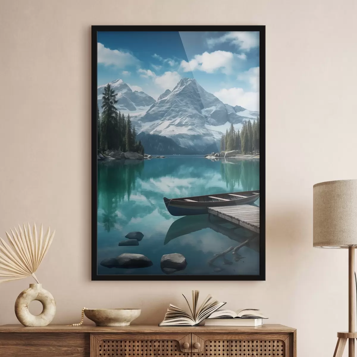 Poster Alpensee mit Kanu und schneebedeckten Gipfeln f46481