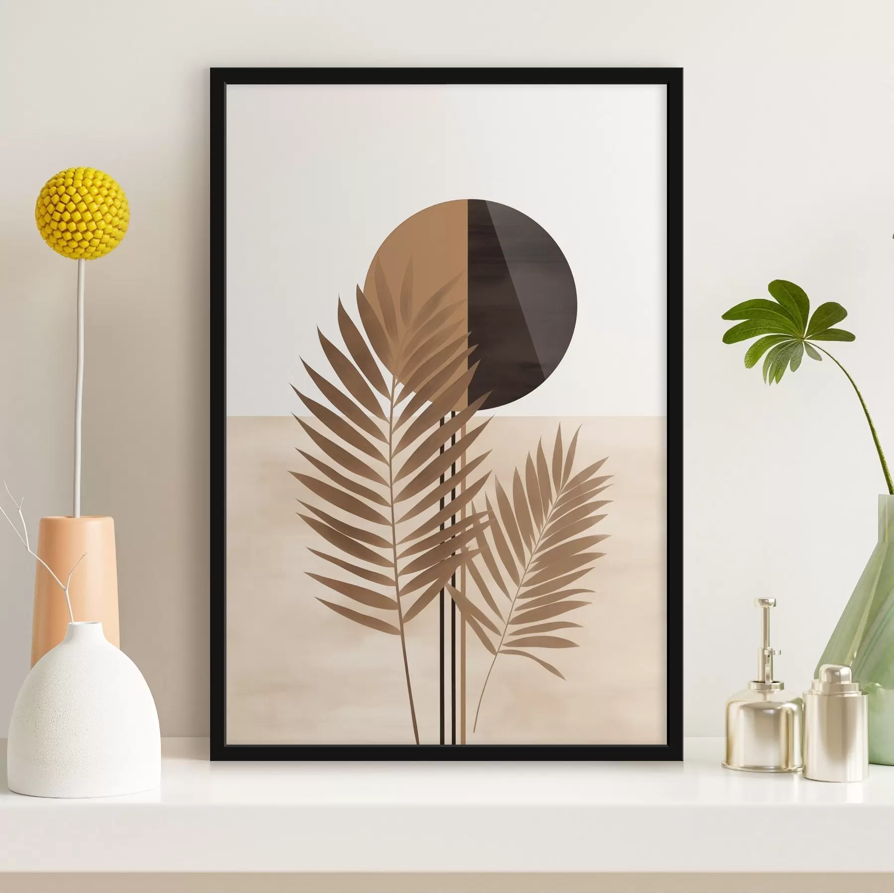 Fototapete Zwei Palmwedel mit geteiltem Sonnenmotiv f46491