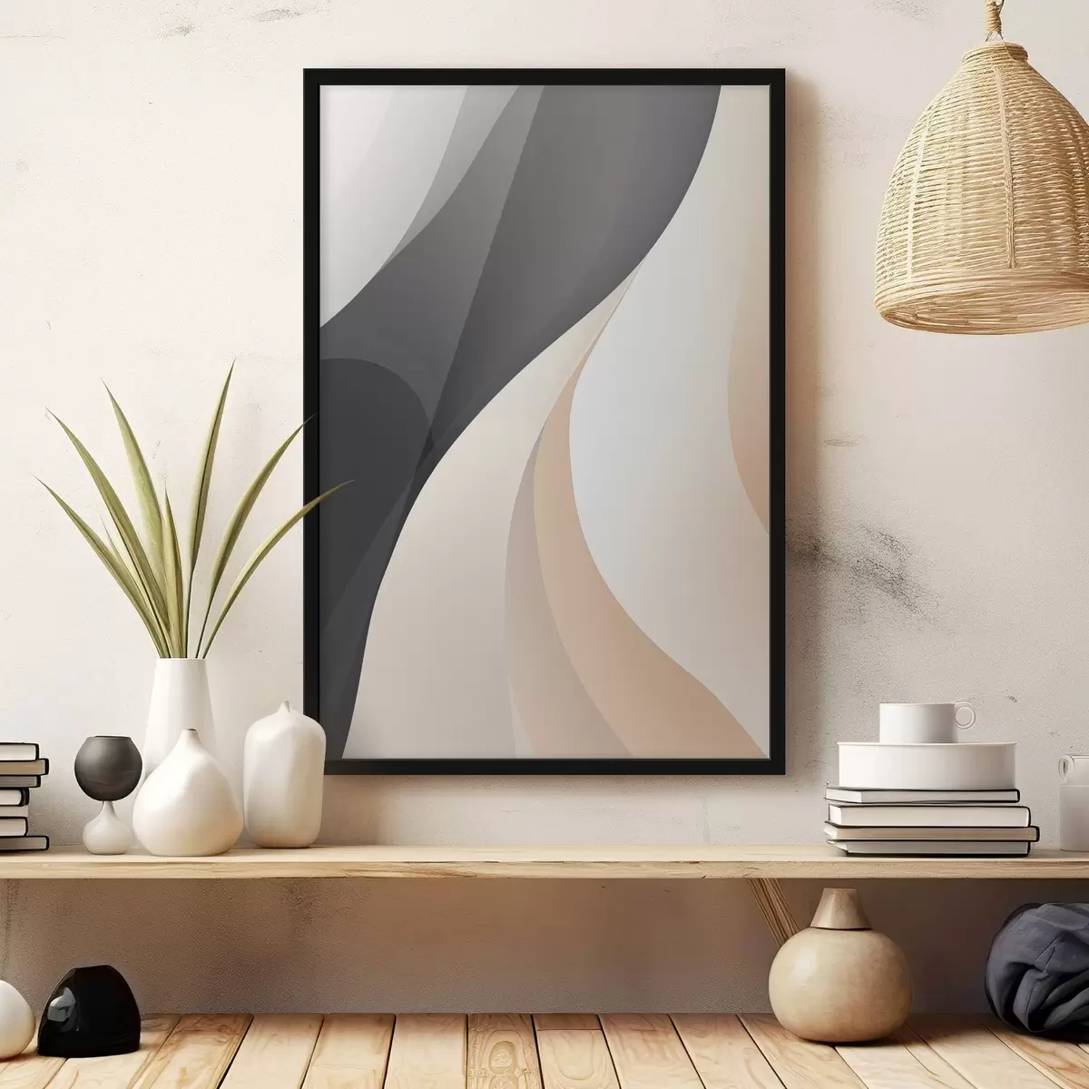 Poster Elegante, sich überlappende Kurven in Anthrazit, Elfenbein und Sand f46493