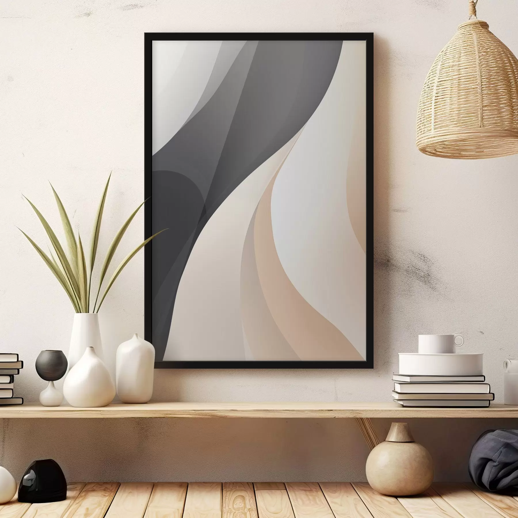 Fototapete Elegante, sich überlappende Kurven in Anthrazit, Elfenbein und Sand f46493