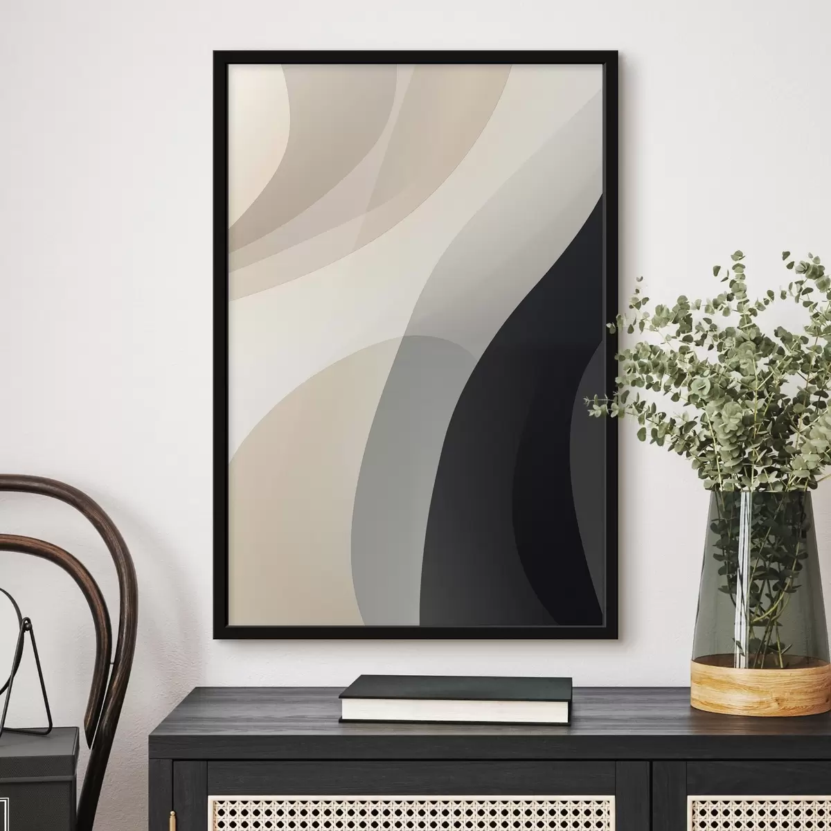 Poster Organische Wellenformen in warmem Beige und Anthrazit f46494