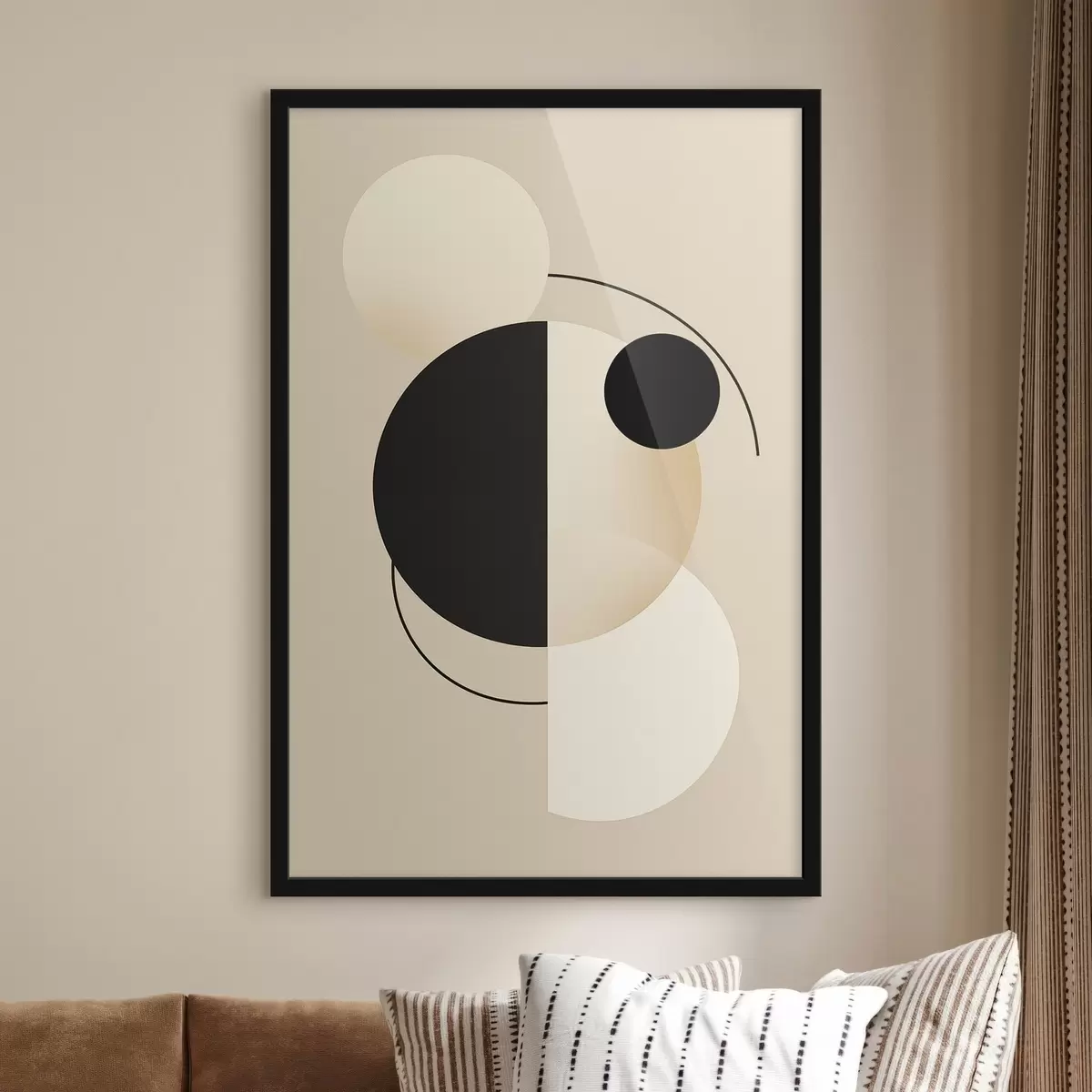 Poster Grafische Kreise und Bögen in sanftem Beige und Schwarz f46497