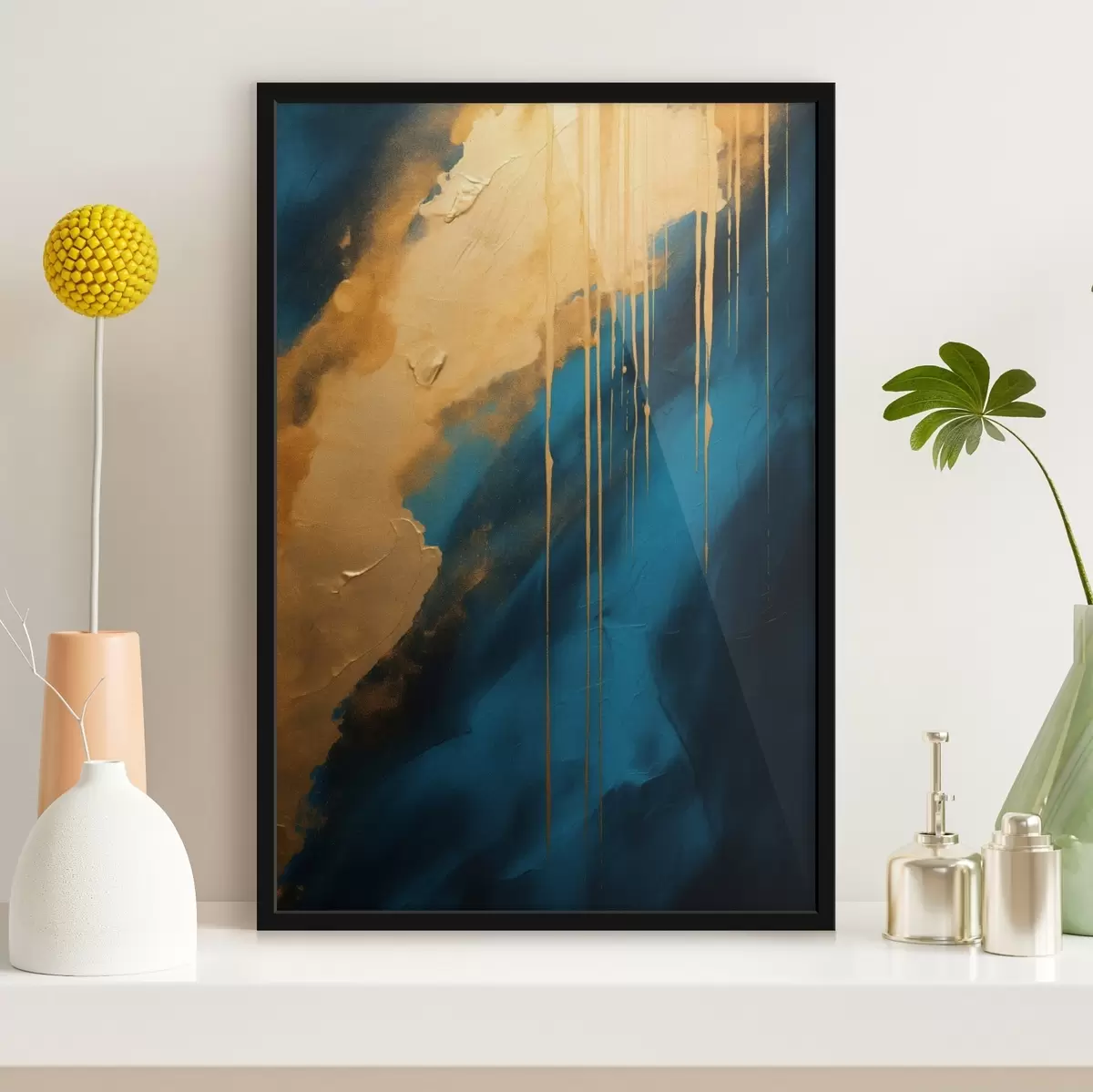 Poster Teal und tiefblaues Abstraktes mit fließenden warmen Akzenten f46509