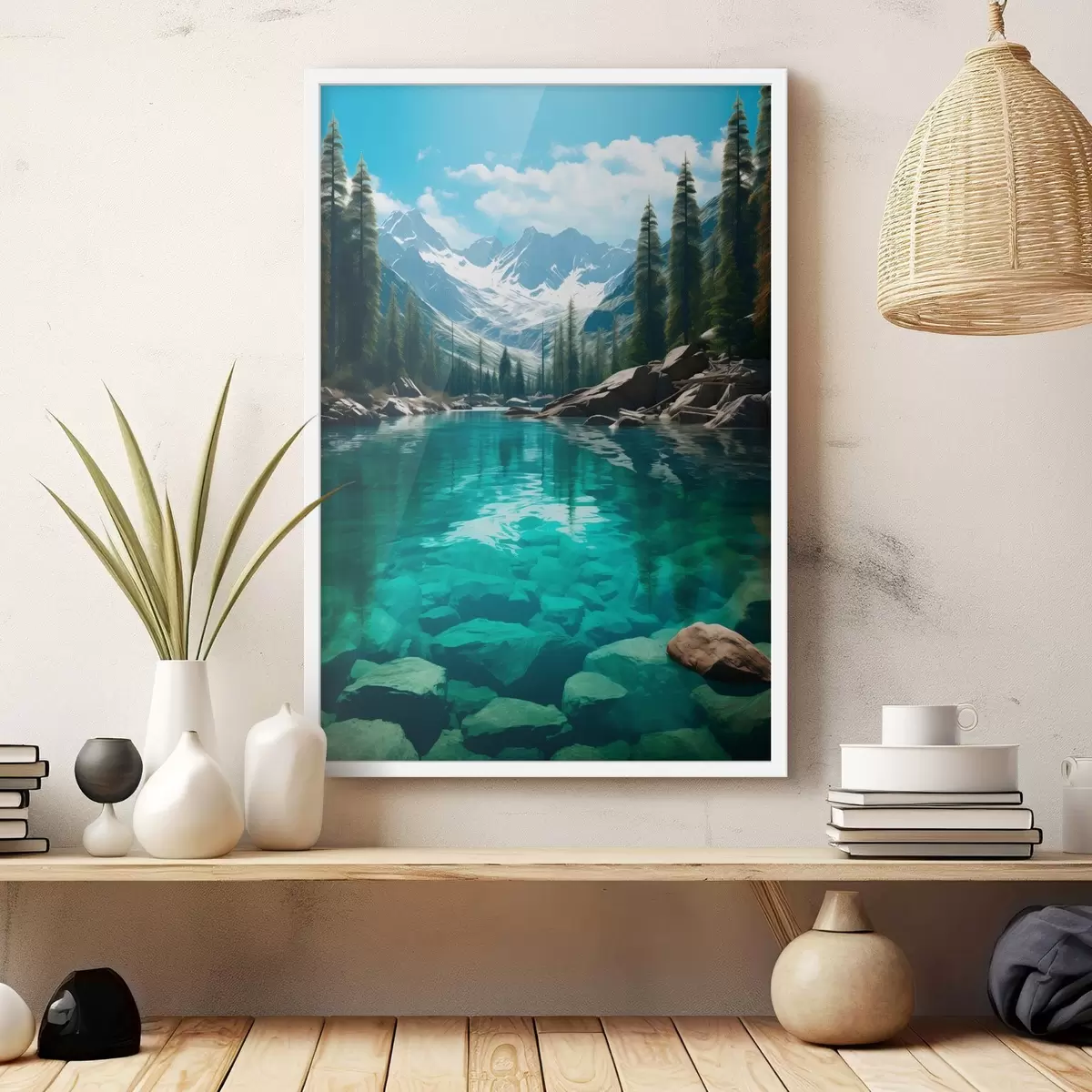 Poster Klarer Gebirgsfluss mit felsigem Bett und schneebedeckten Gipfeln f46514