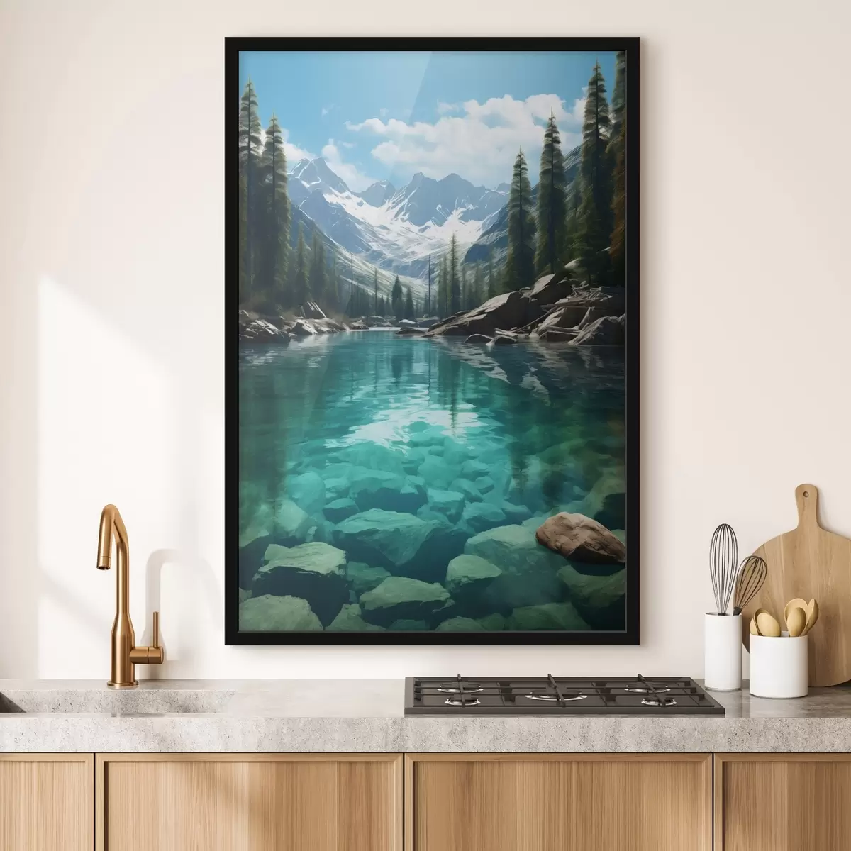 Poster Klarer Gebirgsfluss mit felsigem Bett und schneebedeckten Gipfeln f46514