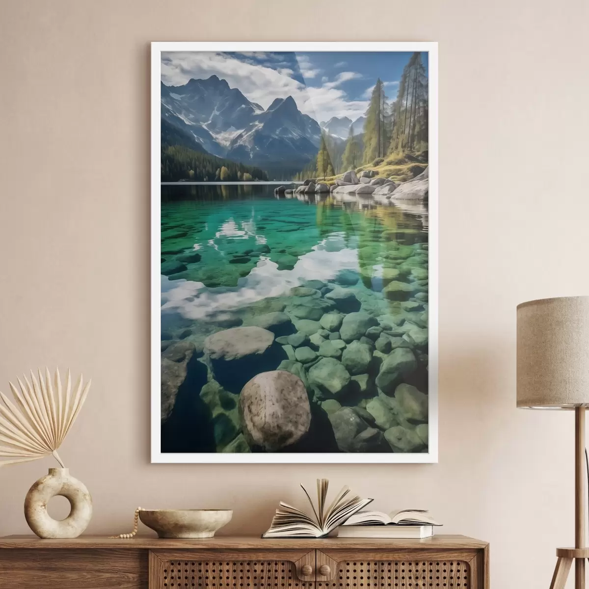 Poster Smaragdgrüner Alpensee mit Felsen darunter und hoch aufragenden Gipfeln f46515