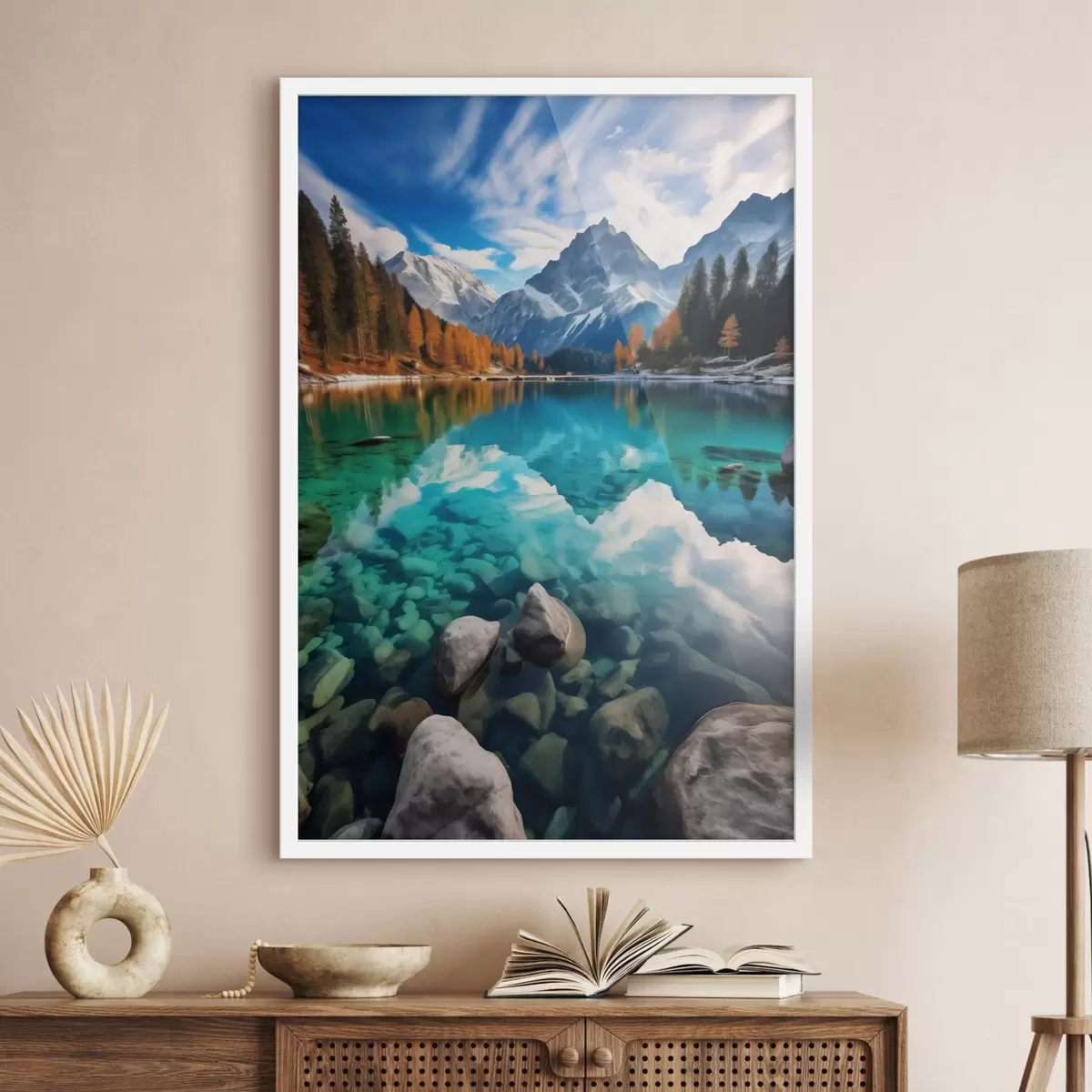 Poster Bergsee mit türkisfarbenem Wasser und herbstlichen Lärchen f46517