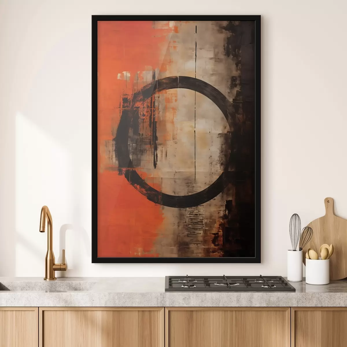 Poster Abstraktes Bild mit großem schwarzen Kreis und warmen Texturen f46528