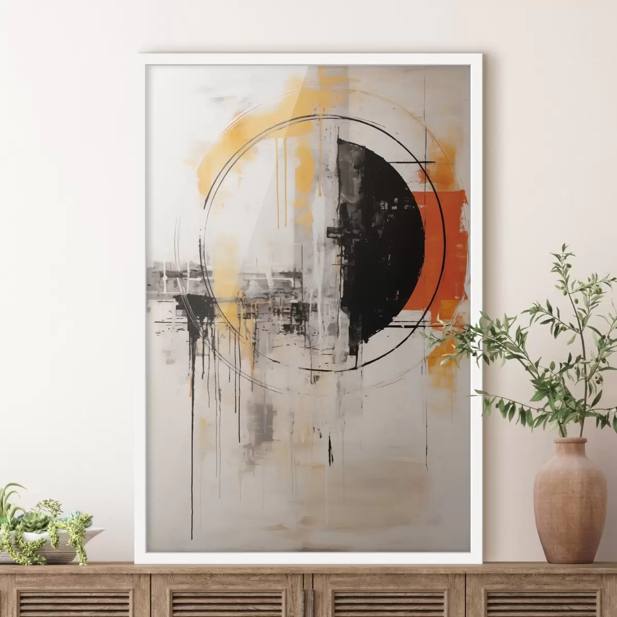 Poster Einfarbiger orangefarbener Kreis mit strukturierten Tropfen f46536