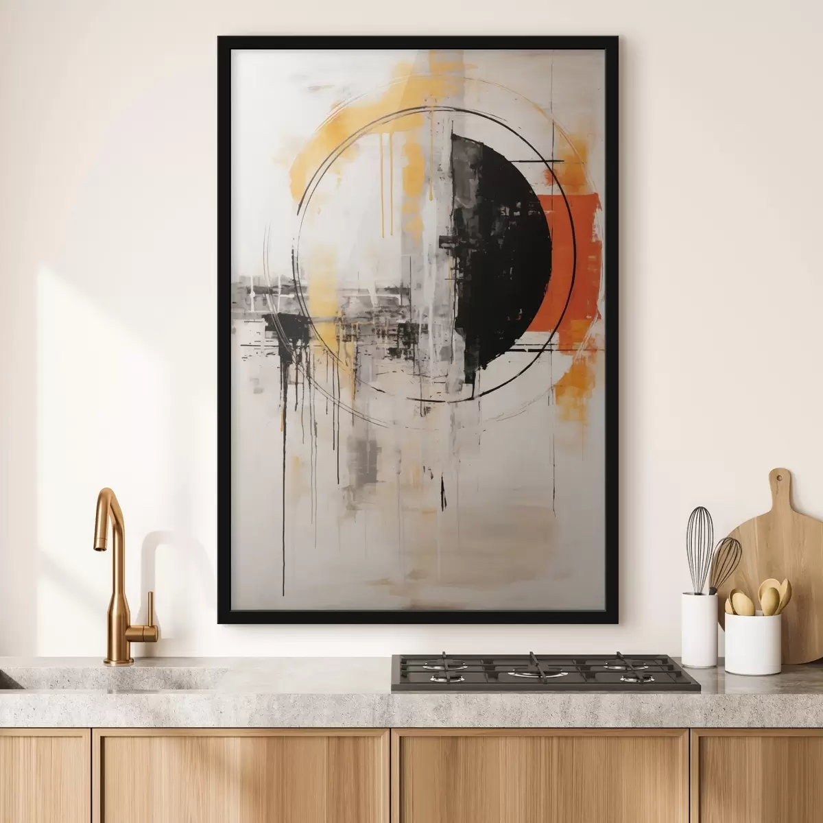 Poster Einfarbiger orangefarbener Kreis mit strukturierten Tropfen f46536