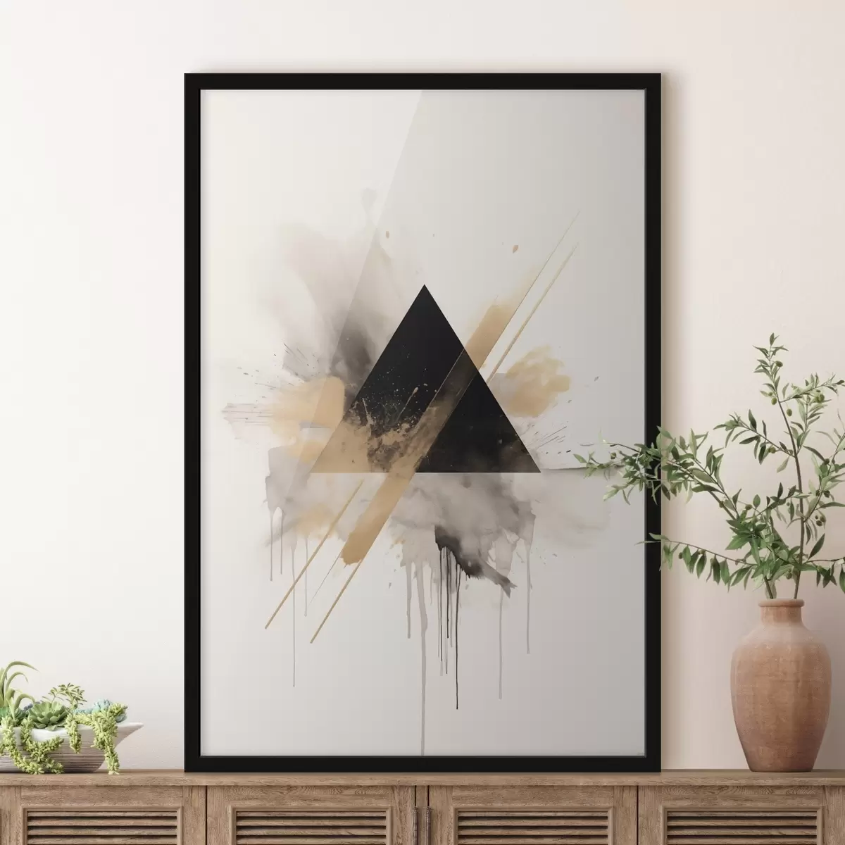 Poster Geometrie: schwarzes Dreieck mit hellen Sprenkeln und Linien f46540