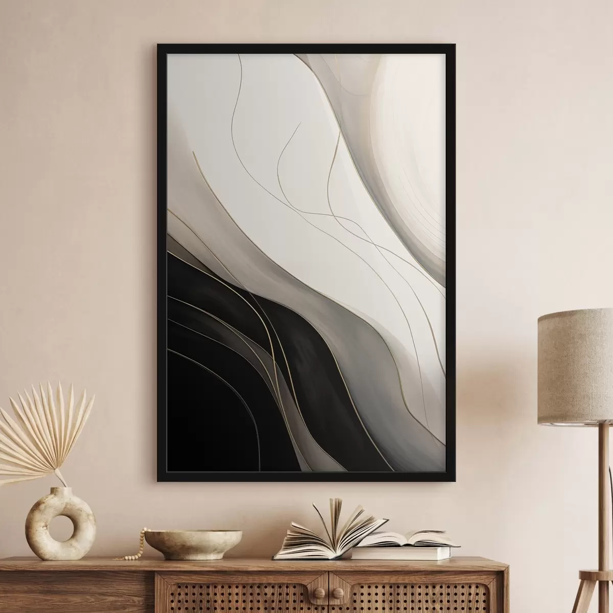 Poster Wellen in Schwarz und Beige mit feinen ockerfarbenen Linien f46541